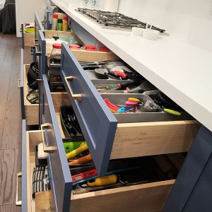 Custom cabinetry in Toronto Solid wood dovetail joint drawers Spice pull outs Automatic Europian soft close hardware Design and built by Joseph Kitchen and Bath custom cabientery . Kitchen design