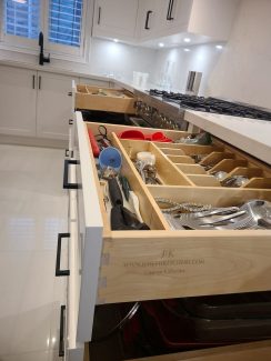 Custom made kitchen cabinets. Solid wood dovetail joint drawers. Soft close European hinges. Built and design by Joseph kitchen Bath. Richmond Hill