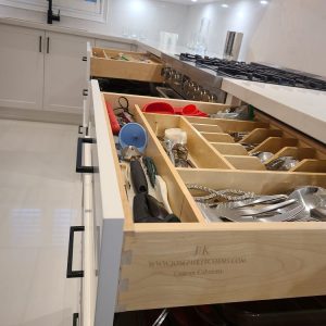 Custom made kitchen cabinets. Solid wood dovetail joint drawers. Soft close European hinges. Built and design by Joseph kitchen Bath. Richmond Hill