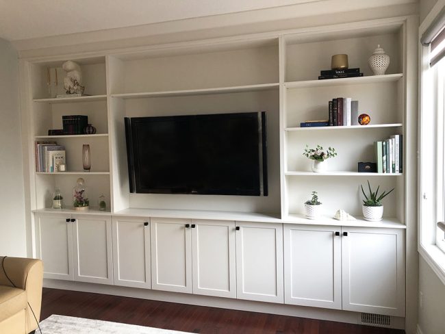Custom made wall unit. Painted MDF. Design and built by Joseph Kitchen Bath. Toronto Maple