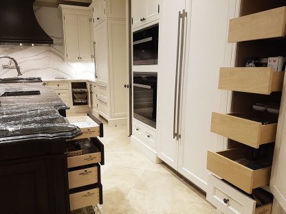 Solid wood dovetail joint drawers in the island and in the pantry. A very convenient way to organize the kitchen area. Designed and built by JK in North York Toronto 2018.