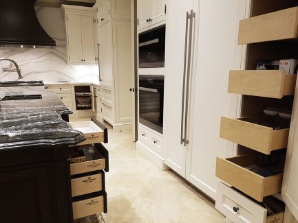 Solid wood dovetail joint drawers in the island and in the pantry. A very convenient way to organize the kitchen area. Designed and built by JK in North York Toronto 2018.