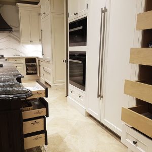 Pull out pantry. Solid wood, dovetail drawers inside of the pantry. Soft close Blum hinges. Designed and built by JK North York 2018