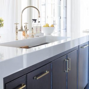 Hanstone Canadian quartz pure white on gray cabinet
