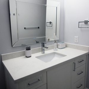 Custom made vanity. Painted off white vanity with Quartz counter top. Bosco porcelain sink. Designed and built by JK. North York Nov.2108