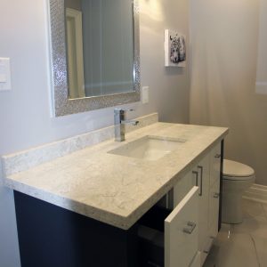 Modern, European vanity. White and gray High gloss vanity doors. Oct. 2018 North York.