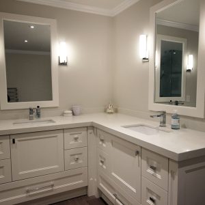 Double sink vanity. Custom made painted double sink vanity. L- shape double sink with several drawers. Summer 2018 Markham. Bathroom renovation by JK.