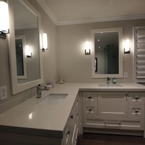 Custom made vanity. L shape painted vanity. Designed and built by JK. Markham summer 2018.