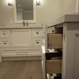 Custom made vanity. Luxury double sink white painted vanity. Solid wood drawers, European soft close hinges. Designed and built by JK. Summer 2018. Markham.