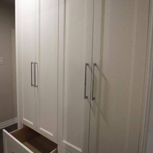 Custom design closet. Painted MDF, Solid wood drawers. European quiet close hinges. Design and built and installation by JK. Dec. 2018 Markham