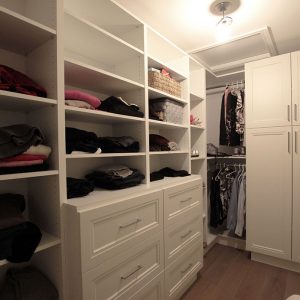 Walk in closet. Custom design to cover the needs of clients. Closet, open shelves and drawers. Design and built by JK. Dec. 2018 Markham