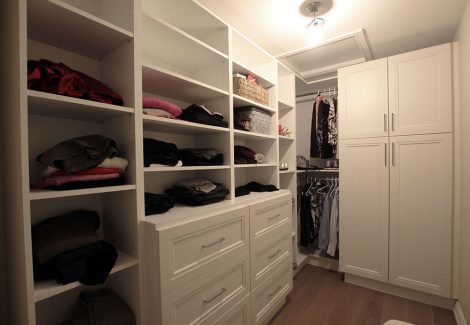 Walk in closet. Custom design to cover the needs of clients. Closet, open shelves and drawers. Design and built by JK. Dec. 2018 Markham