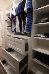 Walk in closet for him. Open shelves and drawers with soft close hinges. Design and built by JK. Dec. 2018 Markham.