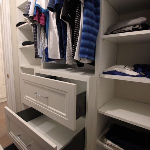 Walk in closet for him. Open shelves and drawers with soft close hinges. Design and built by JK. Dec. 2018 Markham.