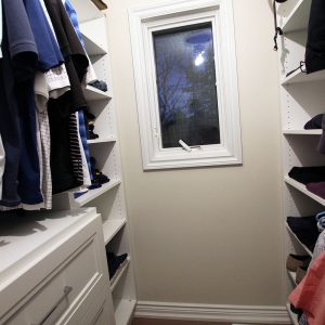 Jack and Jill walk in closet. Painted MDF. Custom design by JK. Dec. 2018 Markham.