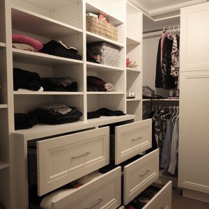 Walk in closet for her. Painted MDF doors. Open shelves and drawers. European easy close hardware. Design and Built by JK Dec. 2018 Markham.