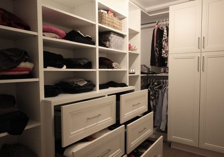 Walk in closet for her. Painted MDF doors. Open shelves and drawers. European easy close hardware. Design and Built by JK Dec. 2018 Markham.