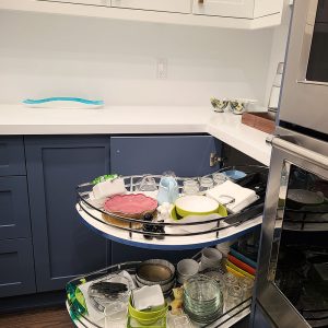 Kitchen accesories dead corner pull out European magic corner pull out Limanz corner pull out kidney shape corner pull out installed by Joseph kitchen and bath Toronto