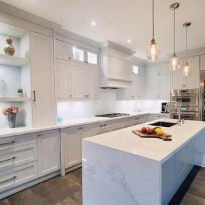 Kitchen remodeling painted MDF cabinets' feet double stacked upper cabinets modern off white kitchen cabinets custom made mantel box Toronto by JK