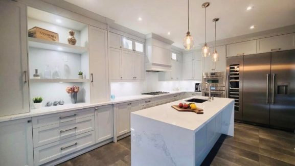 Kitchen remodeling painted MDF cabinets' feet double stacked upper cabinets modern off white kitchen cabinets custom made mantel box Toronto by JK