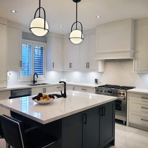 Kitchen remodeling painted MDF kitchen cabinets custom made kitchen cabinets quartz countertop . Built and design by JK Richmond Hill