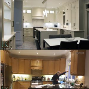 Kitchen remodeling. Painted MDF. off white transitional style. Double stacked wall cabinets and wall unit. Quartz stone, water fall island. Design and build by JK Richmond Hill