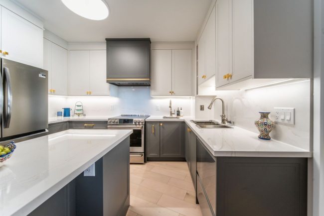 Kosher kitchen renovation. Two tone transitional painted MDF and quartz countertop and backsplash. Design and build by JK Kosher kitchen renovation. Two tone transitional painted MDF and quartz countertop and backsplash. Design and build by JK