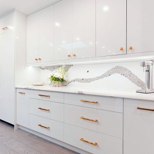 Luxury kitchen with high gloss modern white kitchen cabinets with laser edge banding. Modern kitchen ideas for by Joseph kitchen and bath in GTA