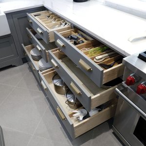 Pull outs in base cabinets. Dovetail joint solid wood drawers. Quiet close hinges. Custom made by Joseph Kitchen and bath. Markham