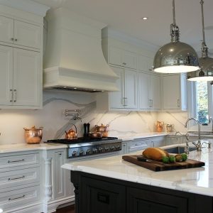 Kitchen renovation. Luxury framed kitchen. Canopy hood. Double stack upper cabinets to reach to the tall ceiling. Custom kitchen designed and built by JK North York 2019