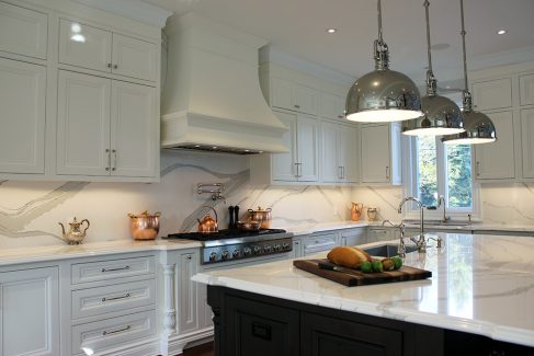 Kitchen renovation. Luxury framed kitchen. Canopy hood. Double stack upper cabinets to reach to the tall ceiling. Custom kitchen designed and built by JK North York 2019