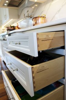Solid maple wood drawers. Dovetail joint drawers. Quiet close Blum hinges. Deep pots and pans drawers. Toronto 2019
