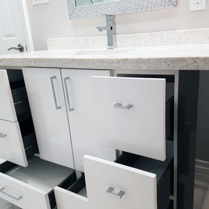 High gloss white and gray, modern vanity. Designed and built by JK and bath. Oct. 2018 North York.