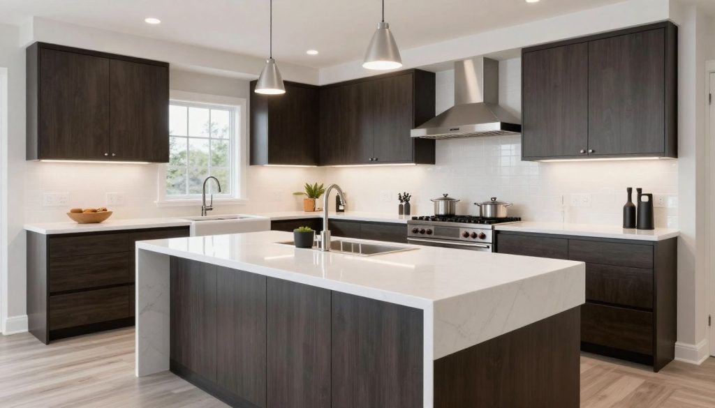 A luxurious and modern kitchen in Mississauga featuring a large waterfall island with a white quartz countertop, dark custom cabinetry, and integrated appliances.