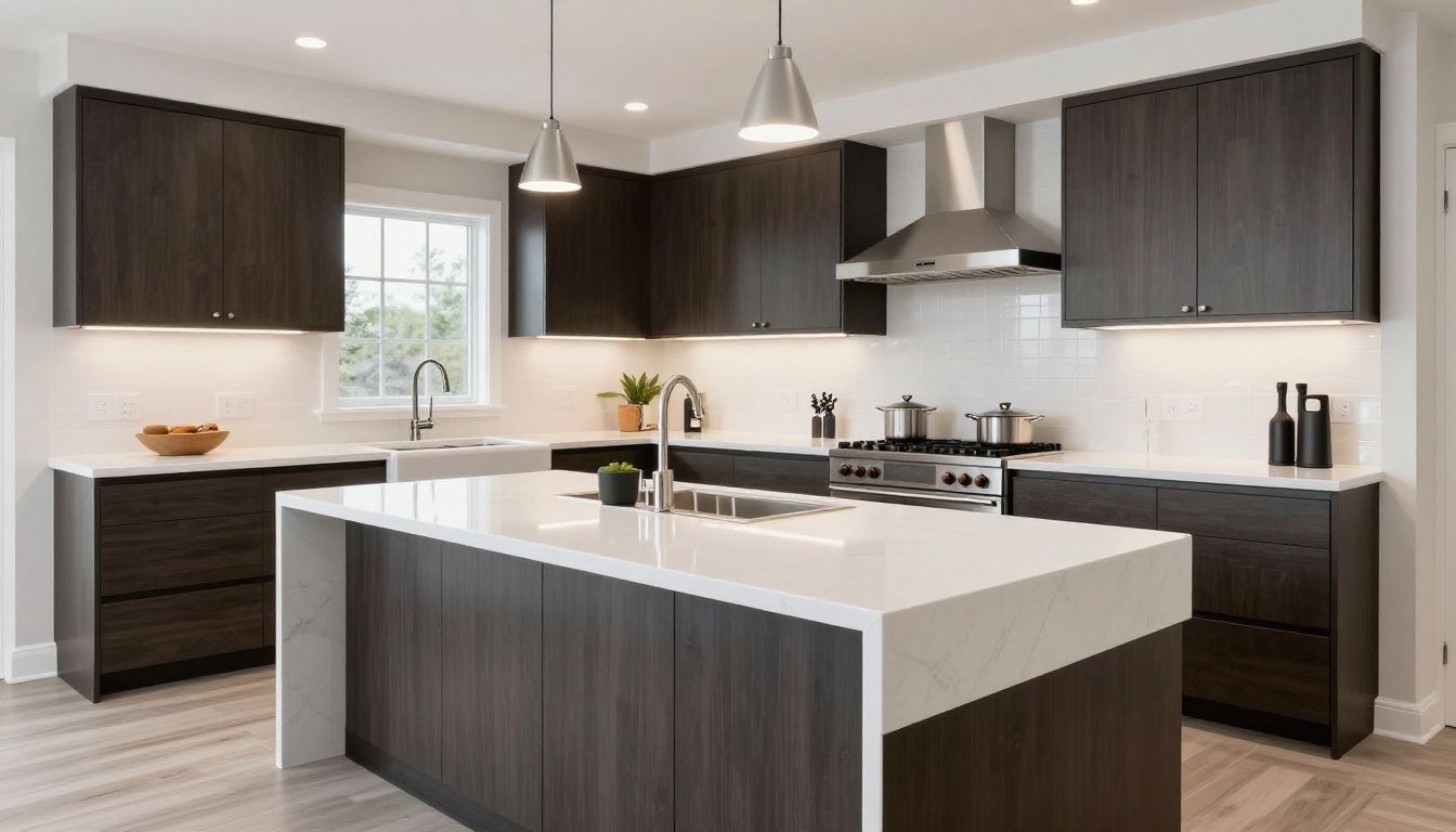 A luxurious and modern kitchen in Mississauga featuring a large waterfall island with a white quartz countertop, dark custom cabinetry, and integrated appliances.