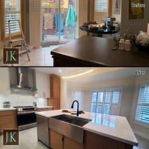 modern kitchen renovation flat white doors and slim shaker oak cabients face costom design built Toronto before after