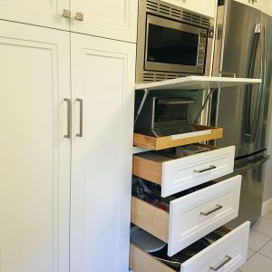 Custom cabinetry by Joseph Kitchen. Pull outs, solid wood drawer and pull out toaster. Markham 2018