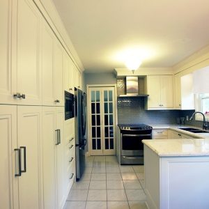 Full kitchen make over. Designed and built by Joseph kitchen. Painted off white kitchen. Quartz counter top. April 2018
