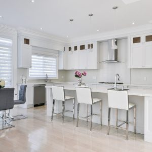 Painted white kitchen, Shaker doors, 9 feet height ceiling. Double stack kitchen cabinets. Built in appliances. Kitchen design and built by Joseph Kitchen. North York 2017