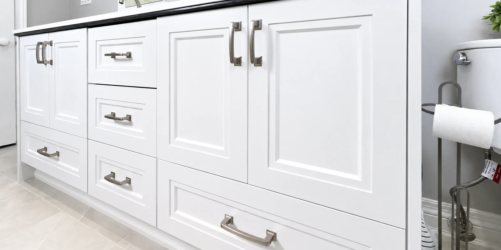 usersFfed afe da afffacdFlibraryFdaf bf ccd cacaaFCustomvs.StockCabinets White bathroom vanity with brushed nickel hardware and black countertop.