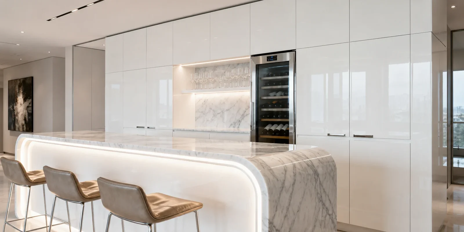 usersFfed afe da afffacdFlibraryFe aa b ac ecbFmodern wet bar opposite angle x underkb Modern white kitchen with marble island, bar stools, and wine fridge.
