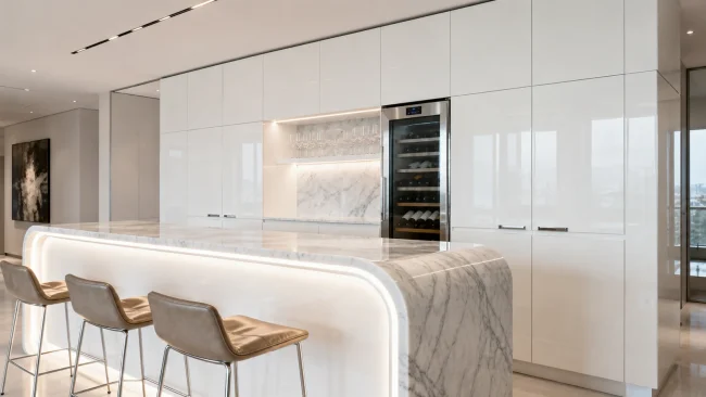 Modern white kitchen with marble island, bar stools, and wine fridge.