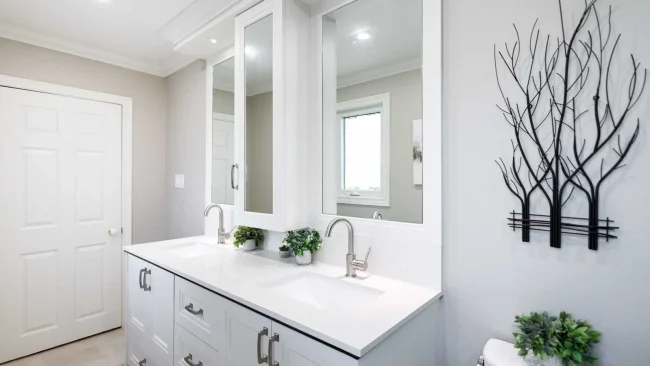 usersFfed afe da afffacdFlibraryFeefefe f b debffdFJA bathroom mana Modern white bathroom vanity with double sinks and a decorative tree wall art.