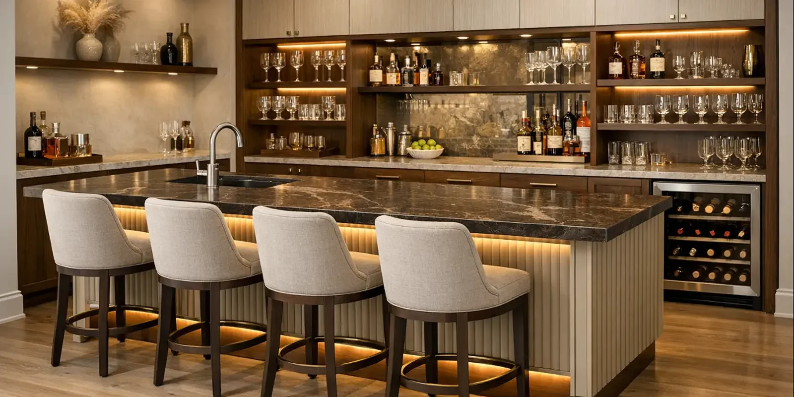 wet bar px underkb Modern custom wet bar with wood cabinetry, stone countertop, wine fridge, open shelving, glassware, and upholstered counter stools.