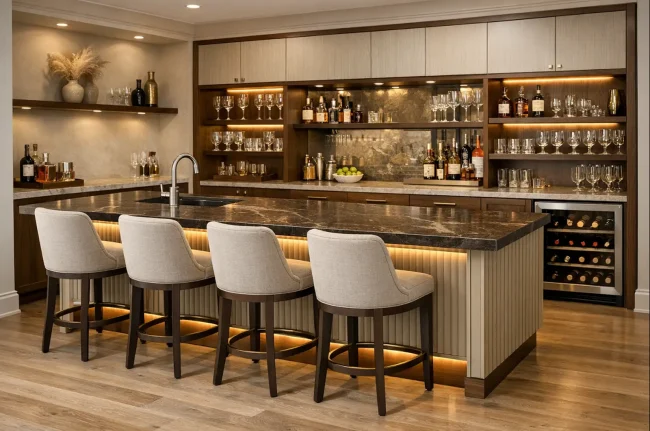 wet bar px underkb Modern custom wet bar with wood cabinetry, stone countertop, wine fridge, open shelving, glassware, and upholstered counter stools.